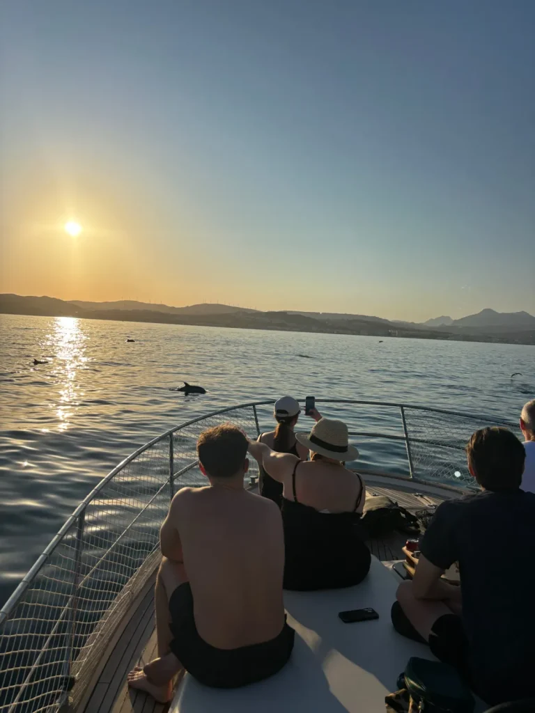 Pasajeros fotografiando delfines junto al Le Flot Riant V durante la puesta de sol frente a Estepona