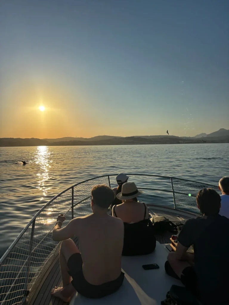 Grupo de amigos sentados en la proa del Le Flot Riant V viendo cómo se pone el sol frente a Estepona